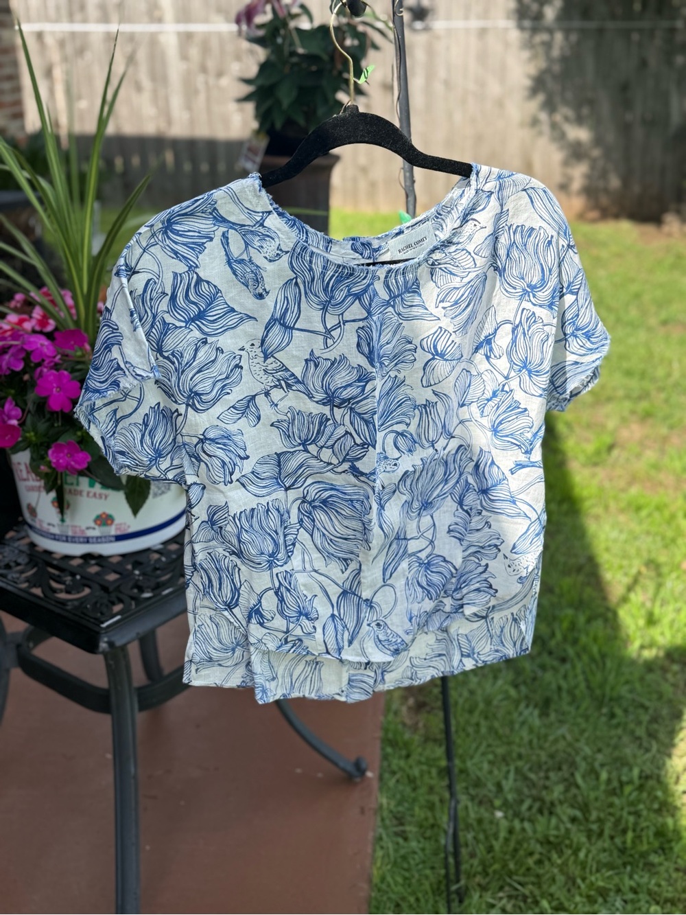 Rachel Comey Blue Floral Bird Print Linen Blouse Top Size 6 Made USA